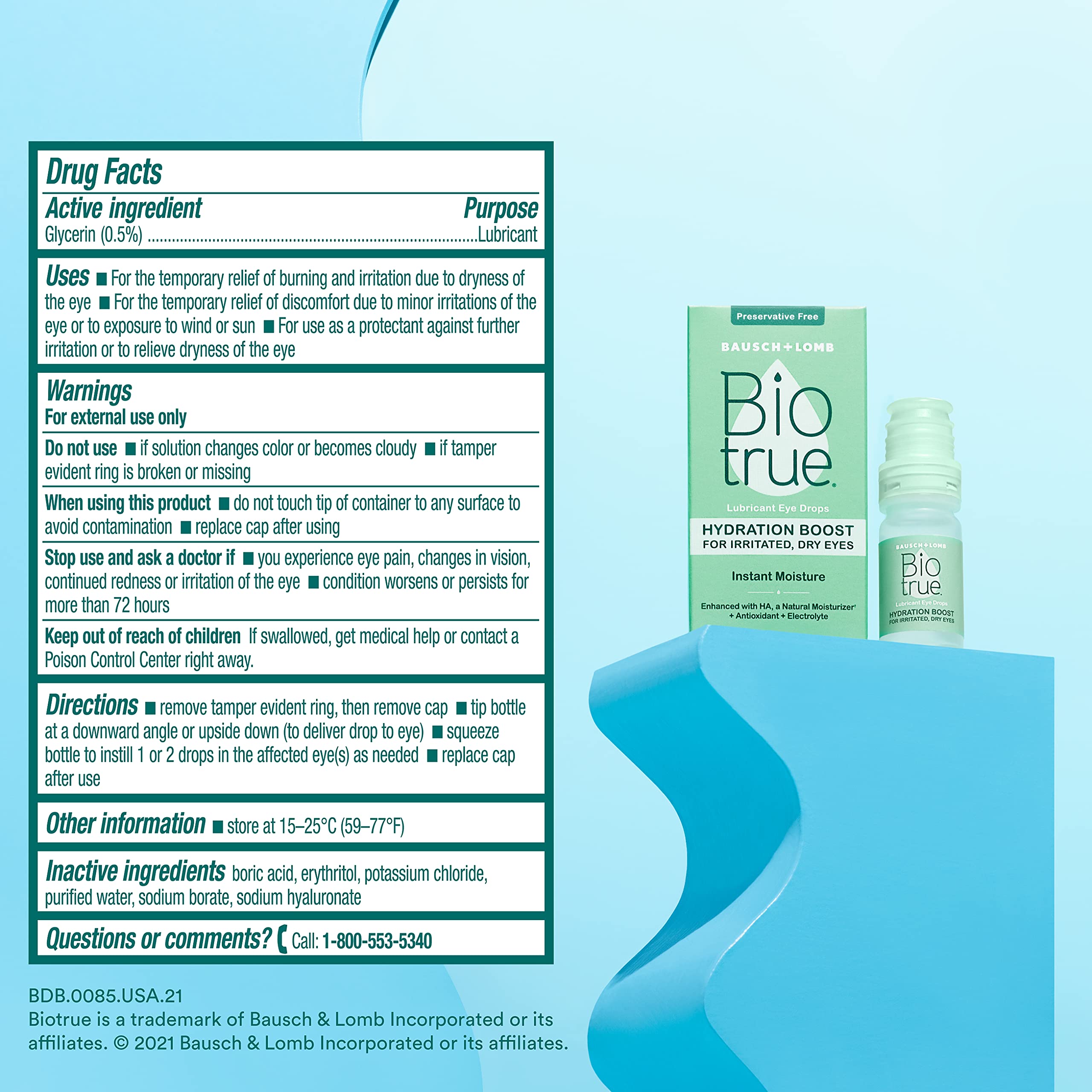 Biotrue envase con rótulo legible mostrando ingredientes inspirados en lágrimas