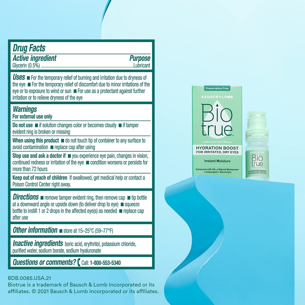 Biotrue envase con rótulo legible mostrando ingredientes inspirados en lágrimas