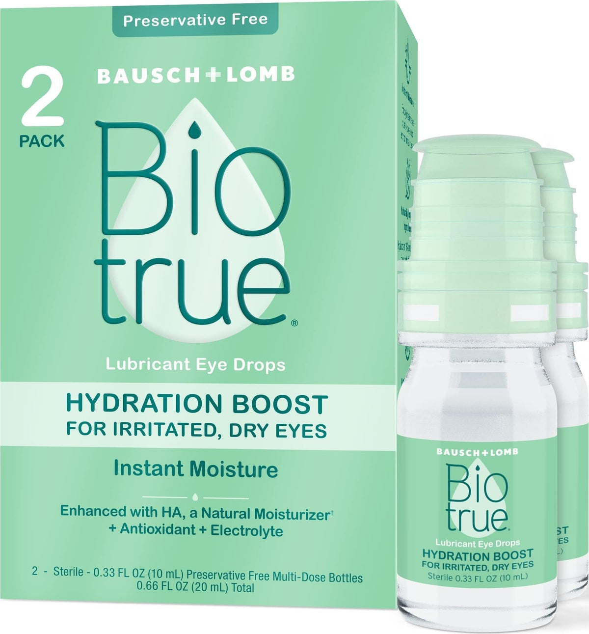 Biotrue frente del paquete mostrando dos frascos y beneficios de hidratación