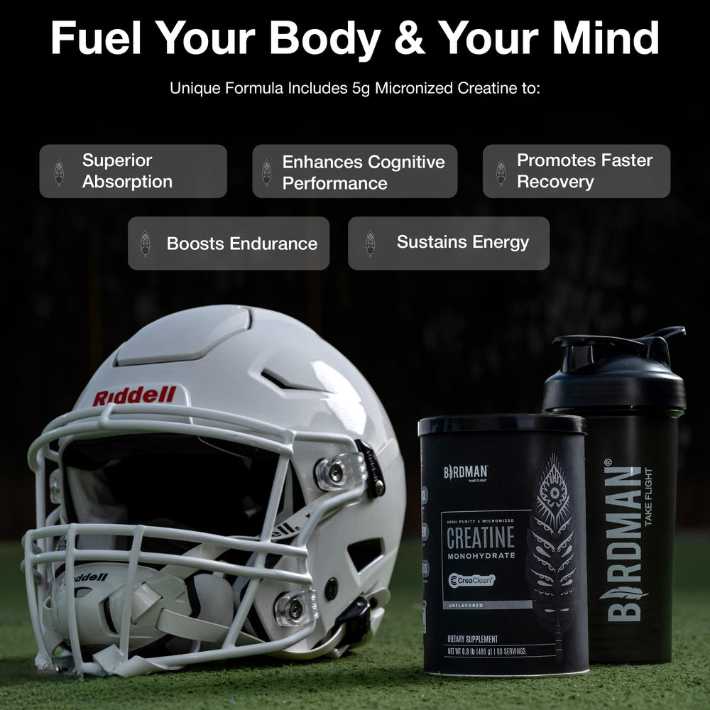 BIRDMAN powder mixed in shaker bottle in gym setting showing workout use