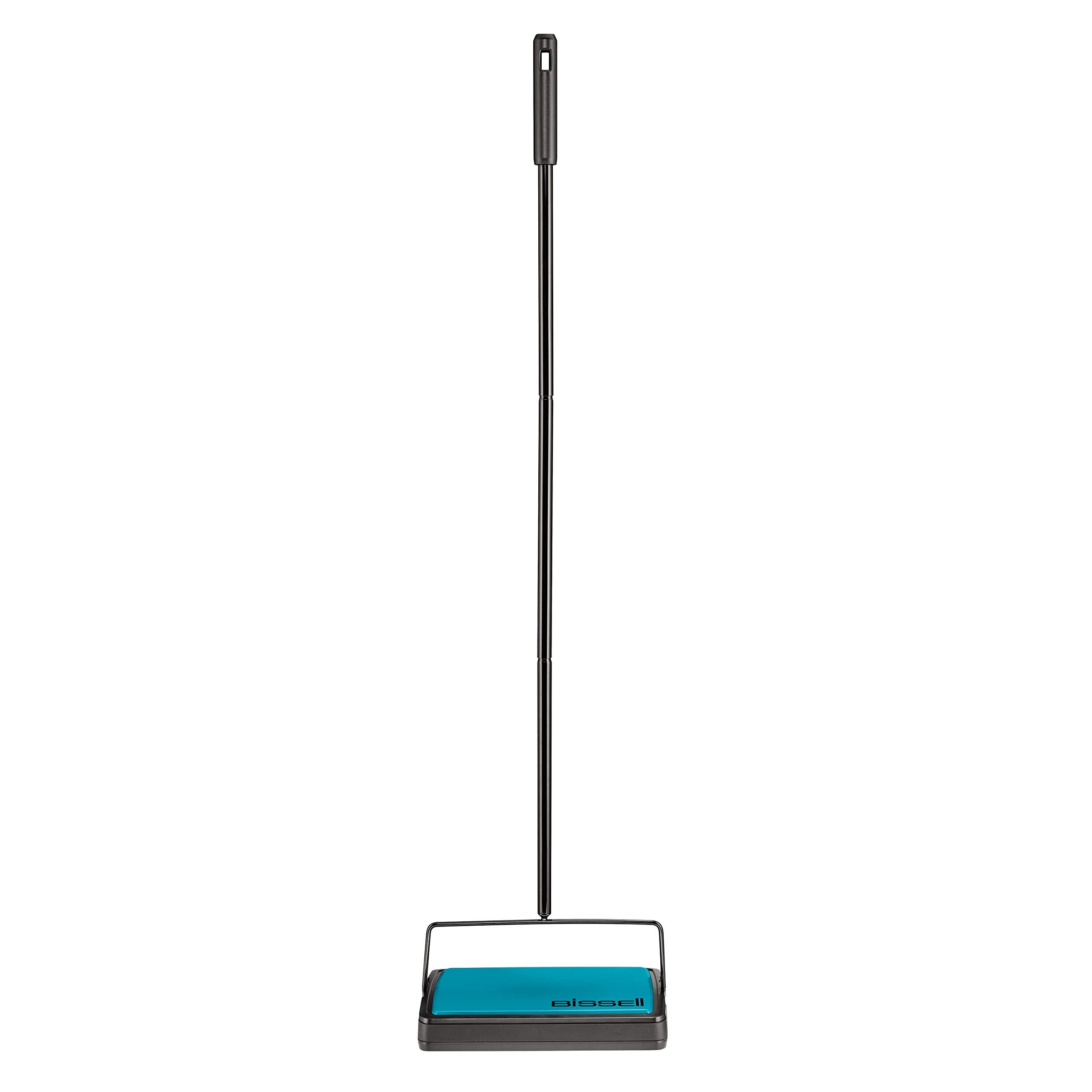 Bissell vista frontal del barrendero compacto mostrando diseño teal y beneficio de limpieza rápida