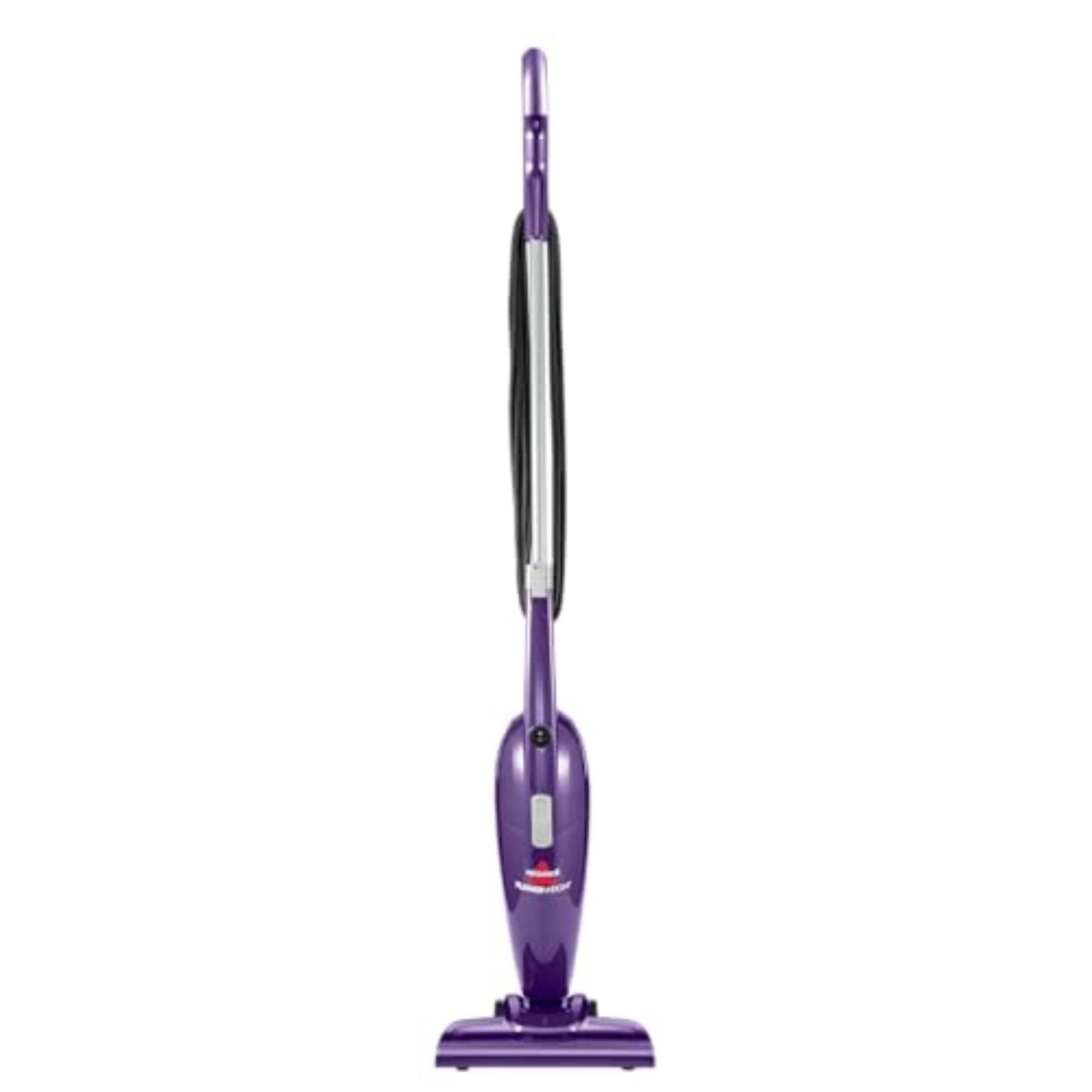 Bissell vista frontal morada mostrando diseño compacto y fácil manejo