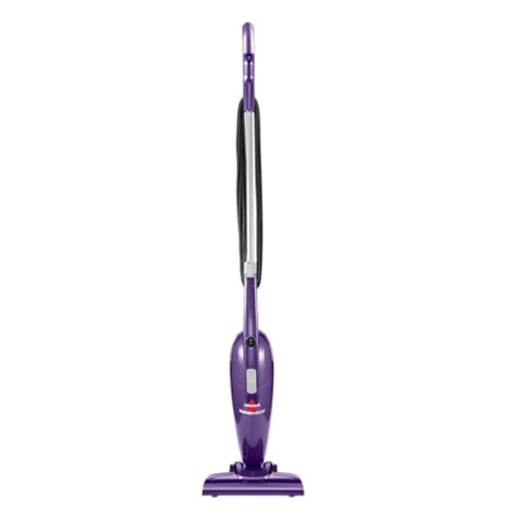 Bissell vista frontal morada mostrando diseño compacto y fácil manejo