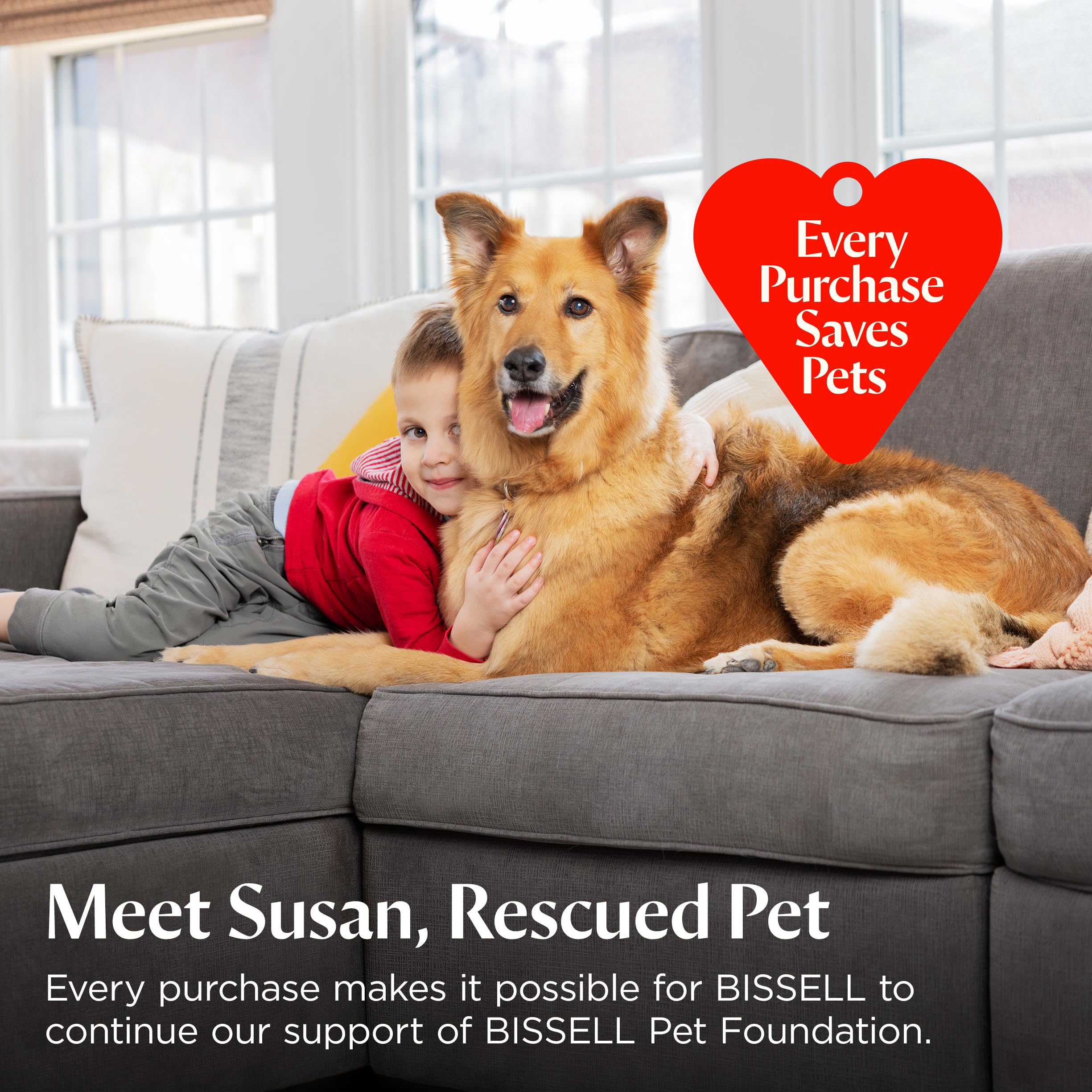 Bissell product in kitchen with dog showing pet-safe cleaning benefit