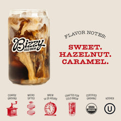 Bizzy taza de cold brew preparada mostrando color y sabor dulce