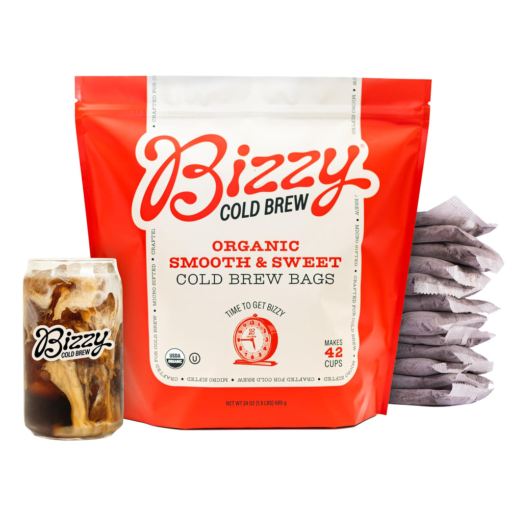 Bizzy paquete frontal mostrando bolsitas listos para cold brew y conveniencia