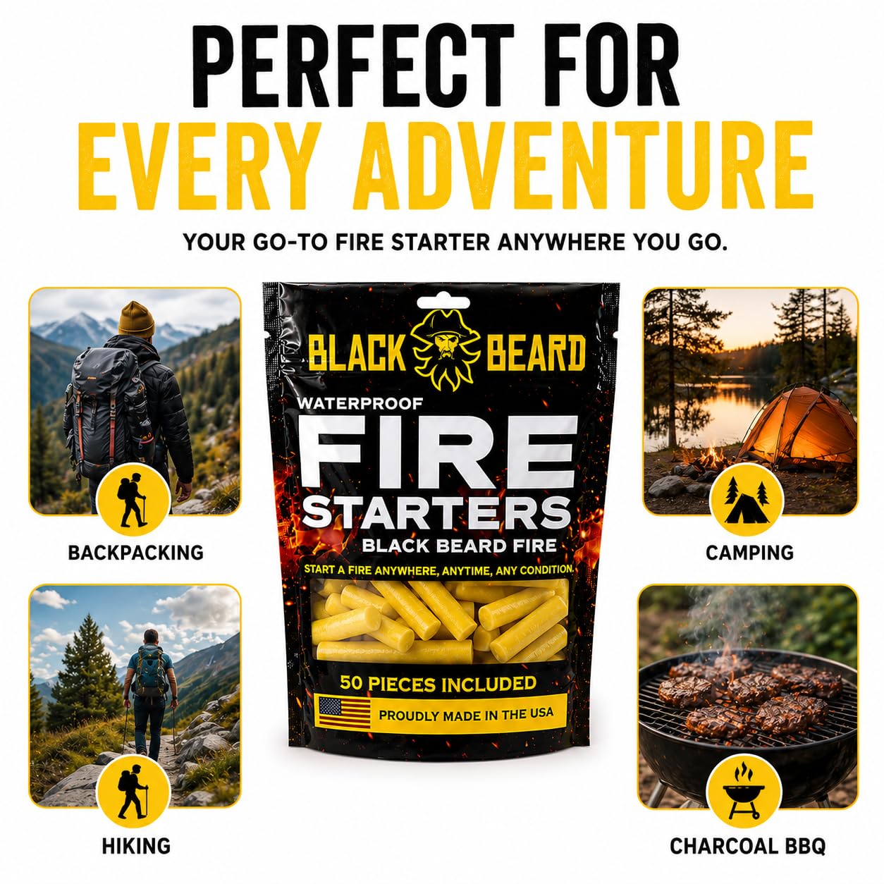 Black Beard Fire Plugs encendiendo fogata en campamento con llama sostenida