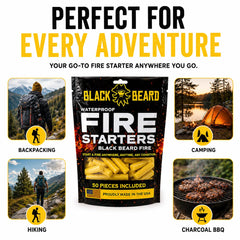 Black Beard Fire Plugs encendiendo fogata en campamento con llama sostenida