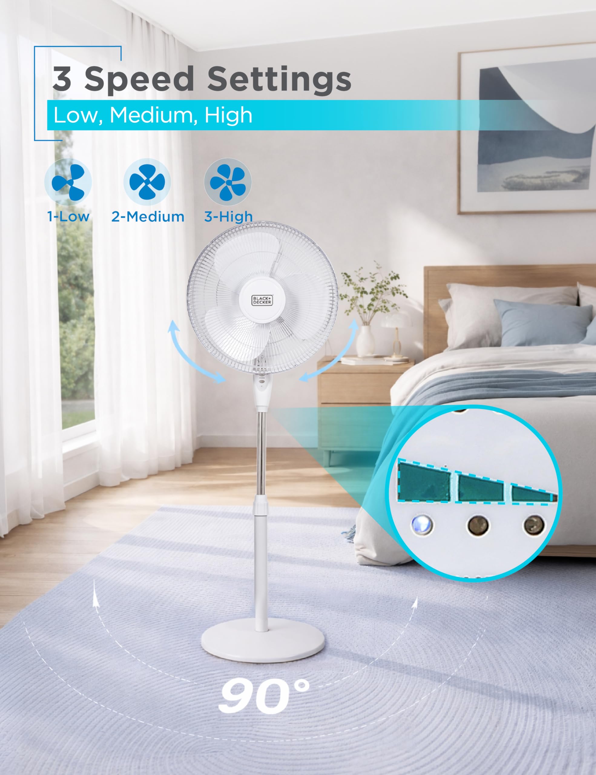BLACK+DECKER control remoto junto al ventilador para ajustes sin levantarse