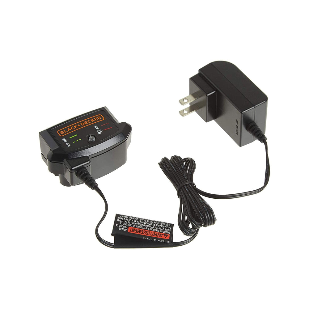 BLACK+DECKER charger front view showing compact design and port, quick charging benefit