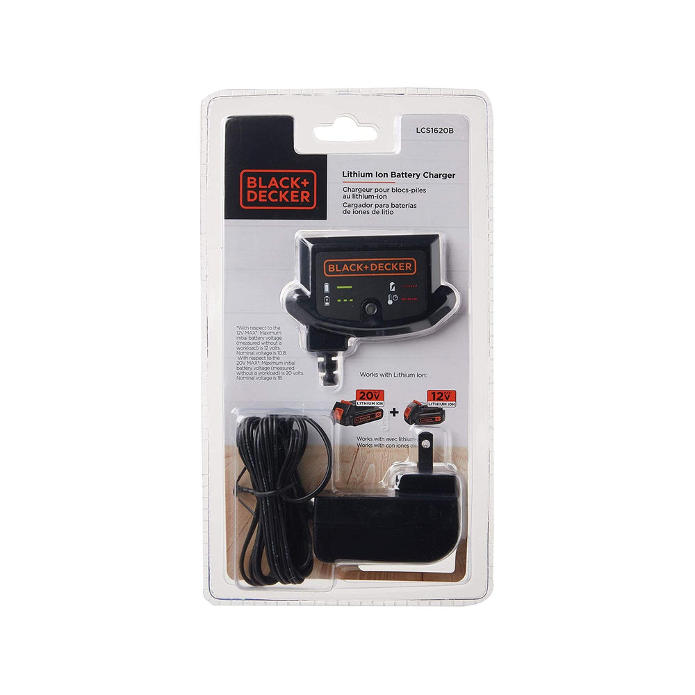BLACK+DECKER charger on garage shelf beside tools showing organized ready-to-use benefit