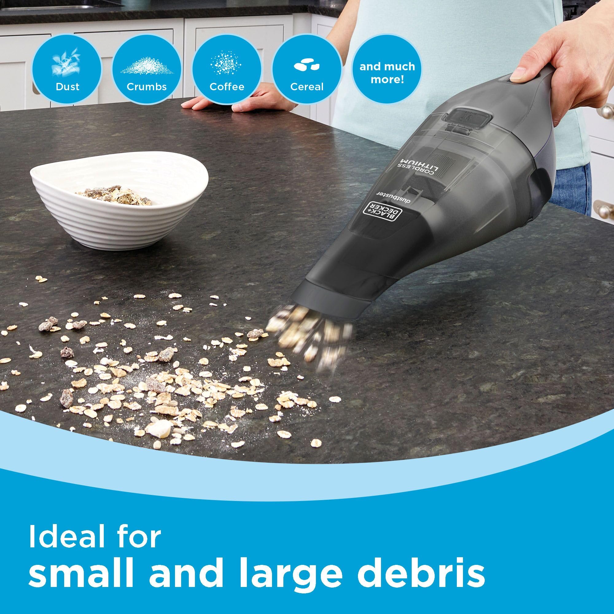 BLACK+DECKER dustbuster en uso sobre mesa para limpieza rápida de migas