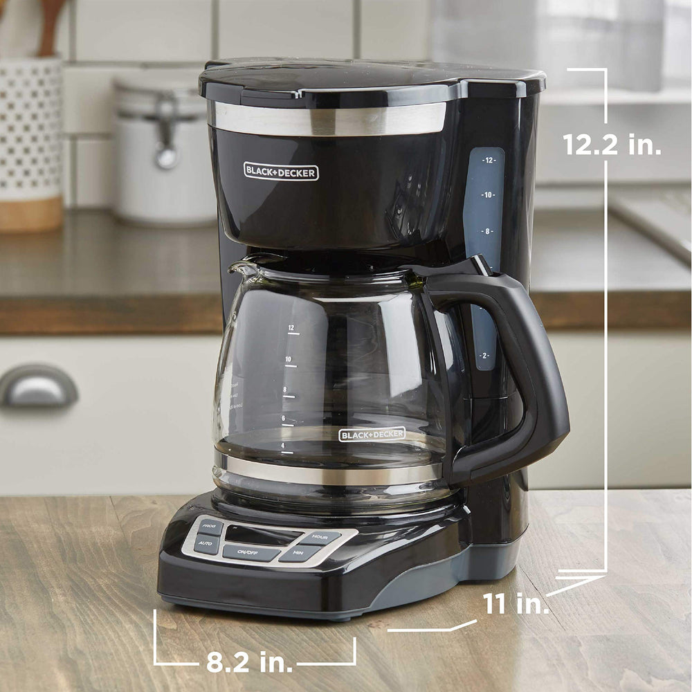 BLACK+DECKER size comparison showing carafe beside mug to illustrate capacity