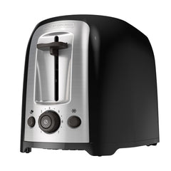 BLACK+DECKER vista frontal de la tostadora 2 ranuras muestra controles y acabado