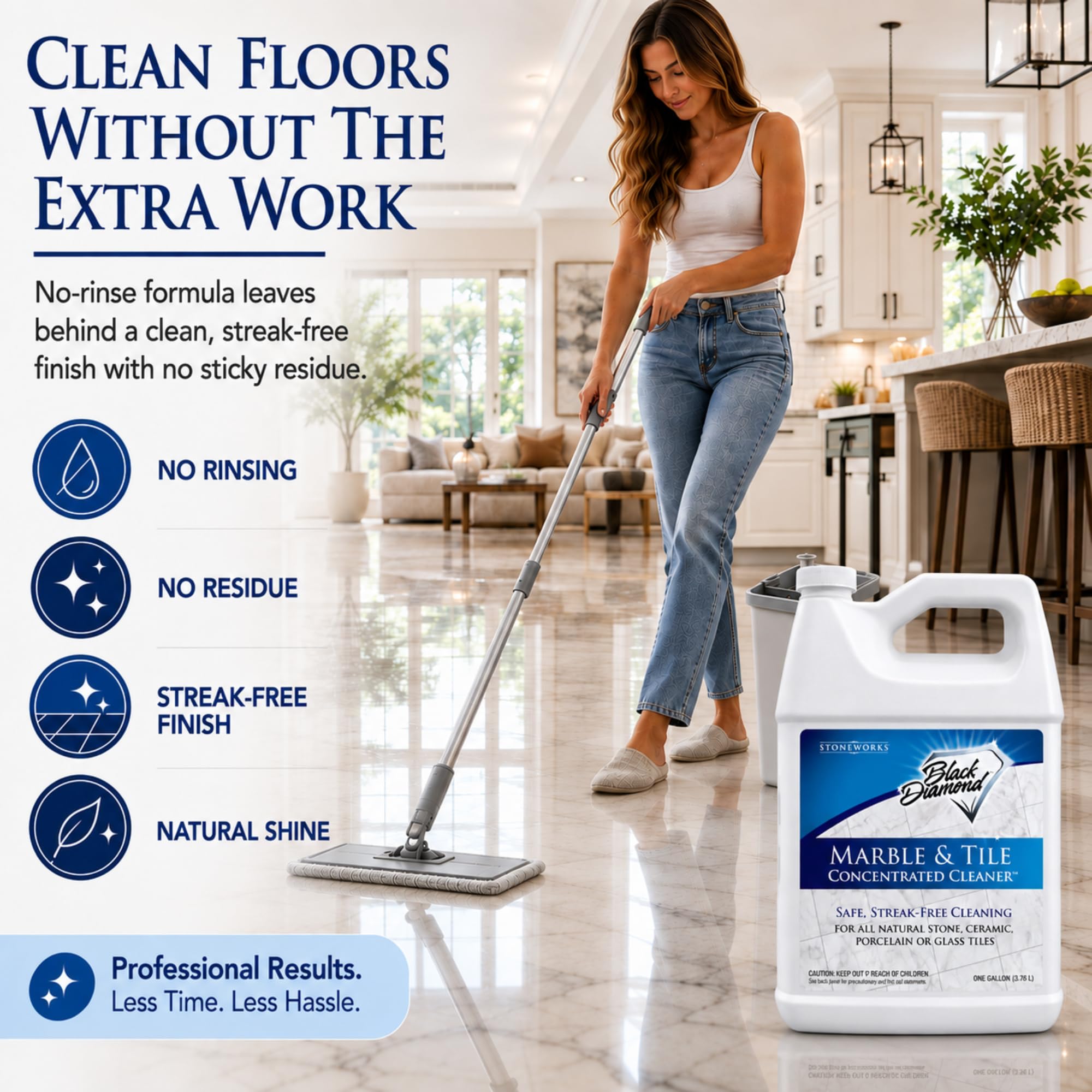 Black Diamond Stoneworks being used to mop marble floor, enhancing shine