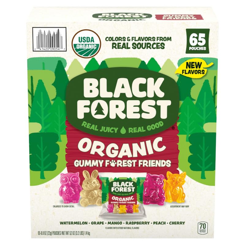 Black Forest caja frontal mostrando 65 sobres individuales para snacks orgánicos