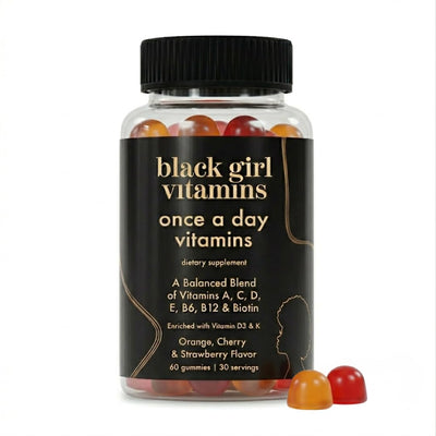 Black Girl Vitamins envase frontal mostrando diseño y conveniencia diaria
