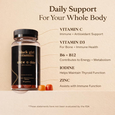 Black Girl Vitamins etiqueta con lista de nutrientes clave y claridad informativa