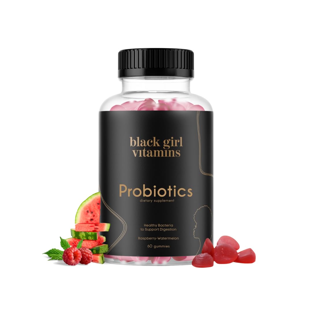 Black Girl Vitamins frasco frontal con gomitas, vista clara del envase y beneficios