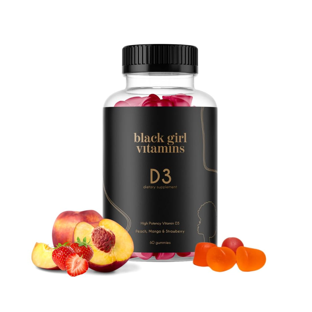 Black Girl Vitamins envase frontal mostrando gominolas y beneficio de dosis clara