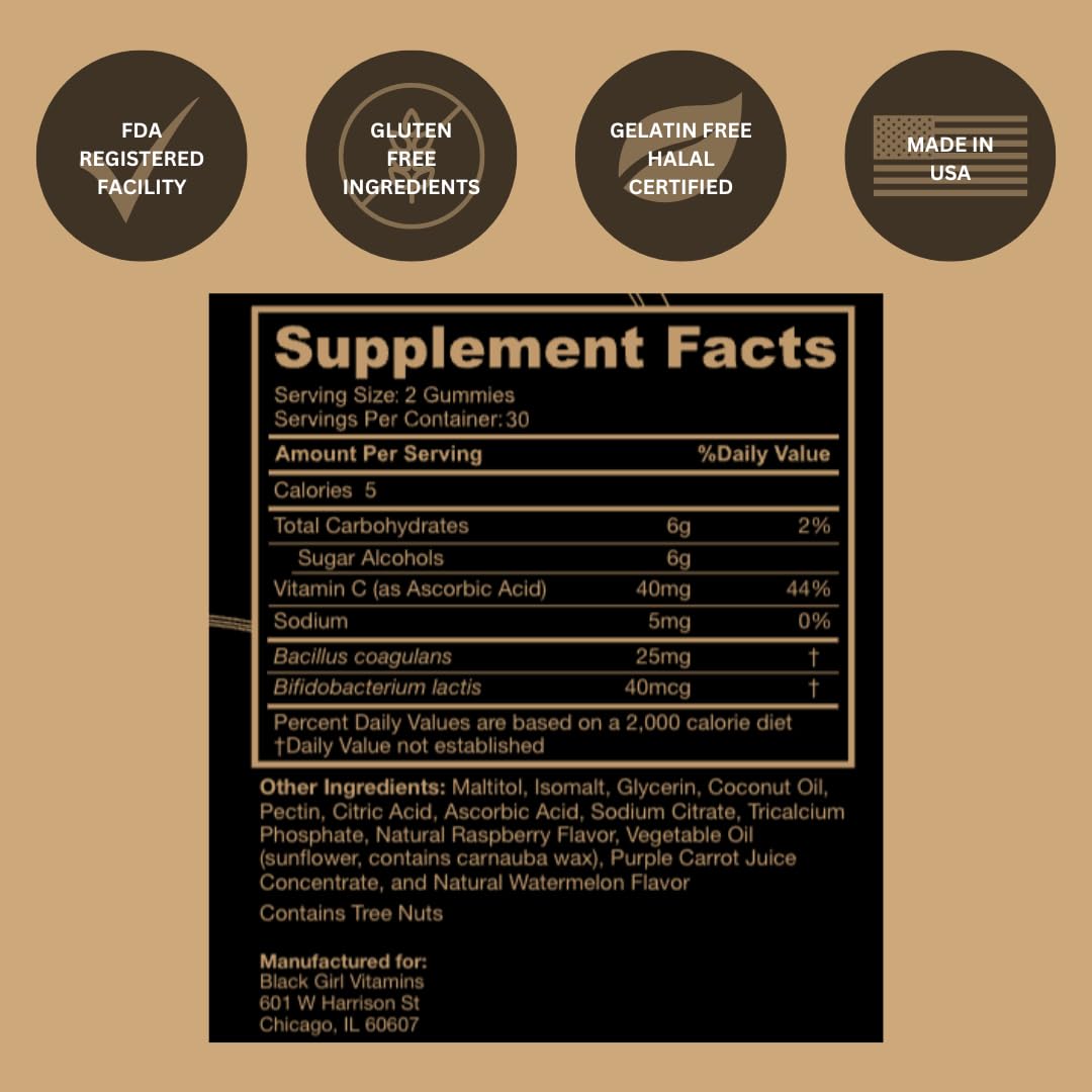 Black Girl Vitamins textura de gomita, primer plano mostrando consistencia y atractivo
