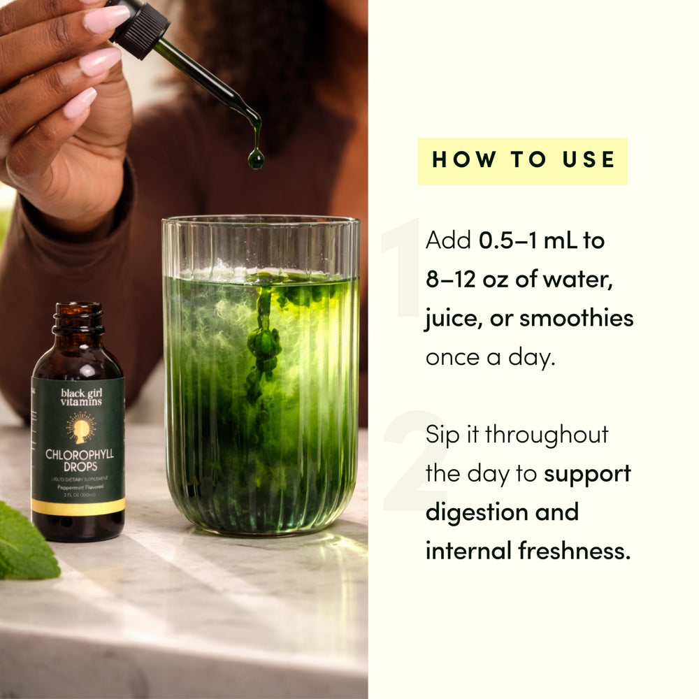 Black Girl Vitamins gotas vertidas en agua para una bebida refrescante