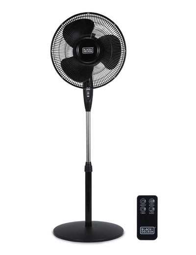 BLACK+DECKER front view of pedestal fan showing controls and stability benefits