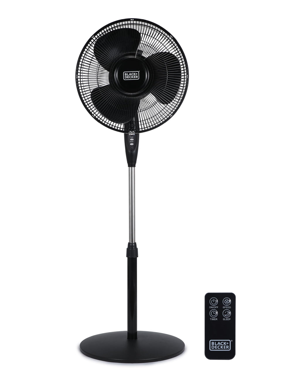 BLACK+DECKER front view of pedestal fan showing controls and stability benefits