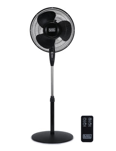 BLACK+DECKER front view of pedestal fan showing controls and stability benefits