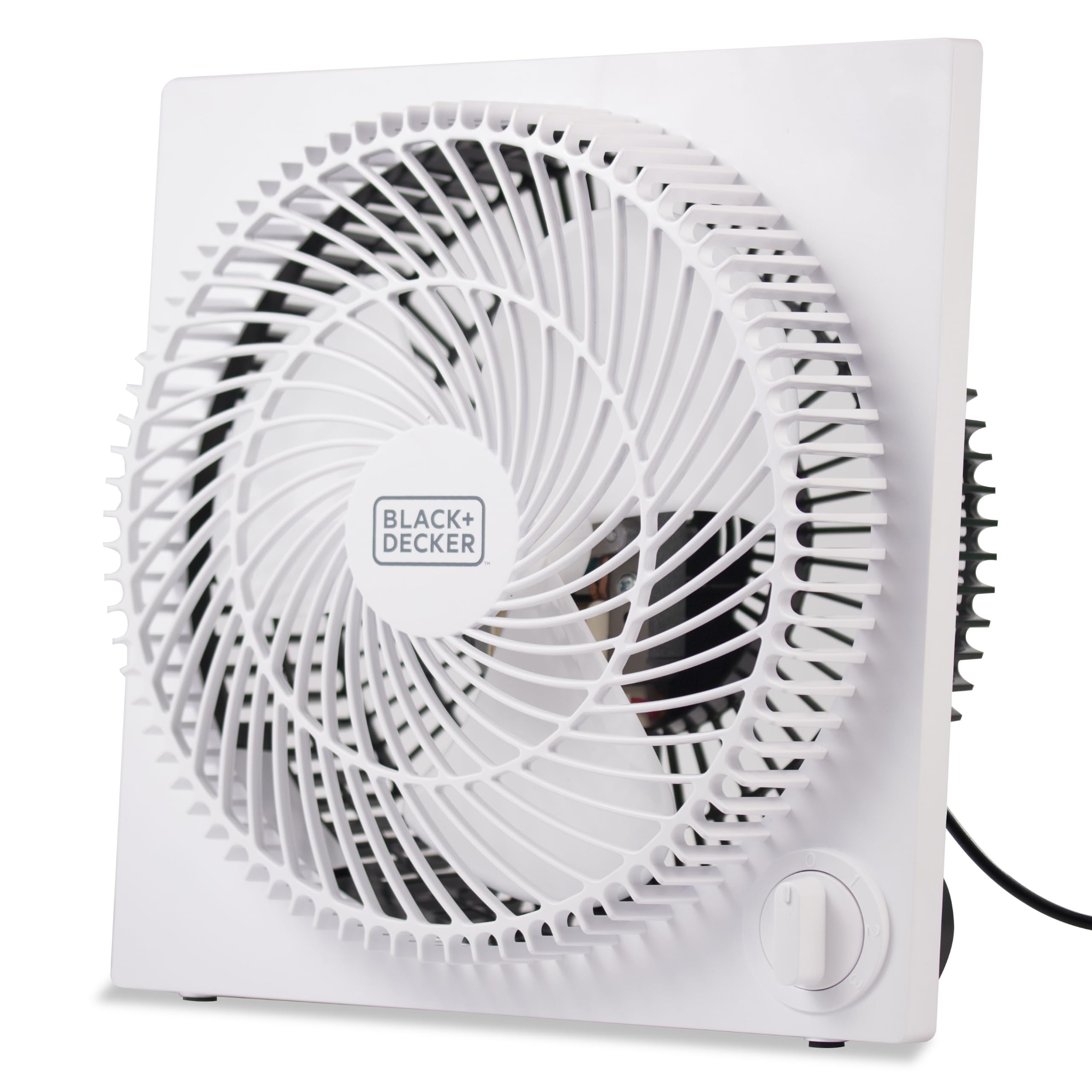 BLACK+DECKER vista frontal del ventilador BFB09W con diseño sin marco y flujo potente