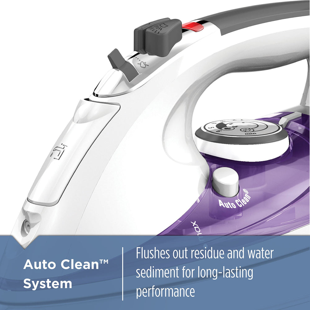 BLACK+DECKER iron anti-drip label and spout detail showing no-leak performance benefit stain prevention