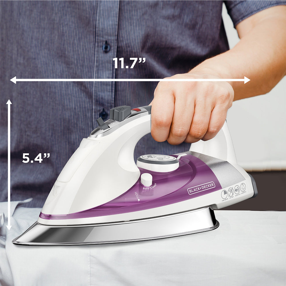 BLACK+DECKER iron Auto Clean system illustration showing maintenance feature benefit longer steam life