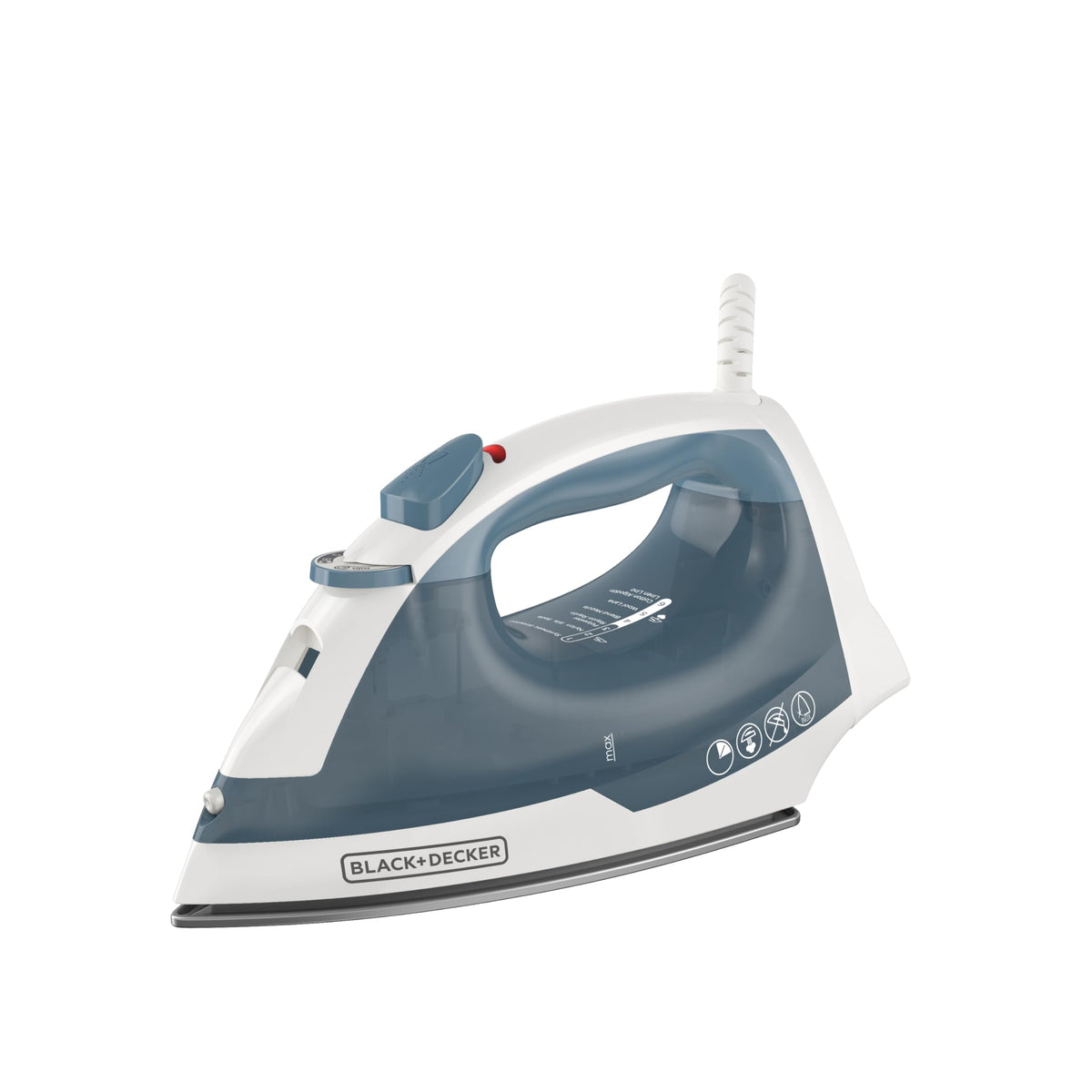 BLACK+DECKER iron front view showing controls and fast heat-up benefit