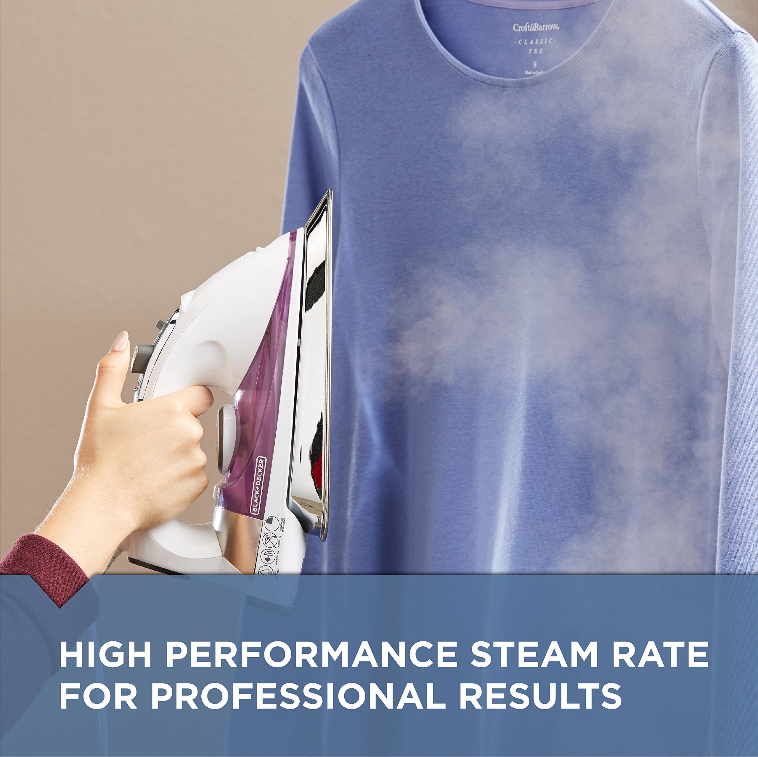 BLACK+DECKER iron steam burst in action over fabric showing powerful steam benefit removes wrinkles