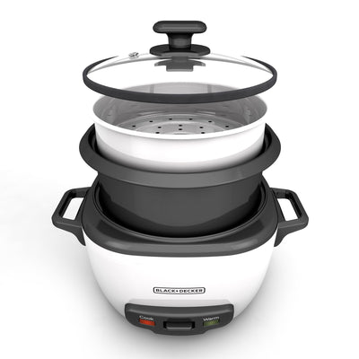 BLACK+DECKER size comparison with measuring cup to show 8-cup uncooked capacity benefit