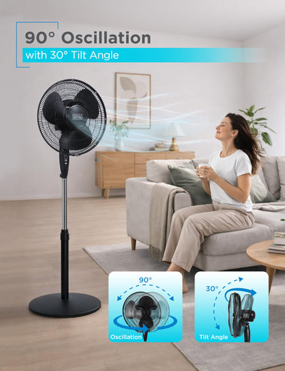 BLACK+DECKER pedestal fan in living room demonstrating room-wide circulation