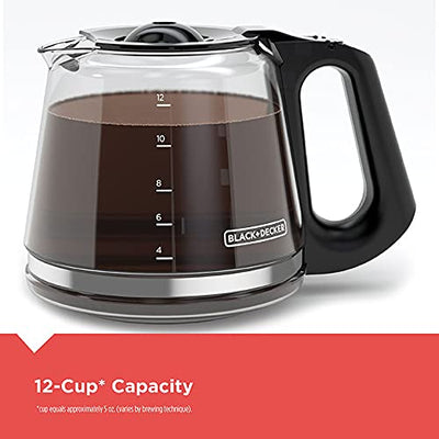 BLACK+DECKER size comparison next to mug showing 12-cup capacity