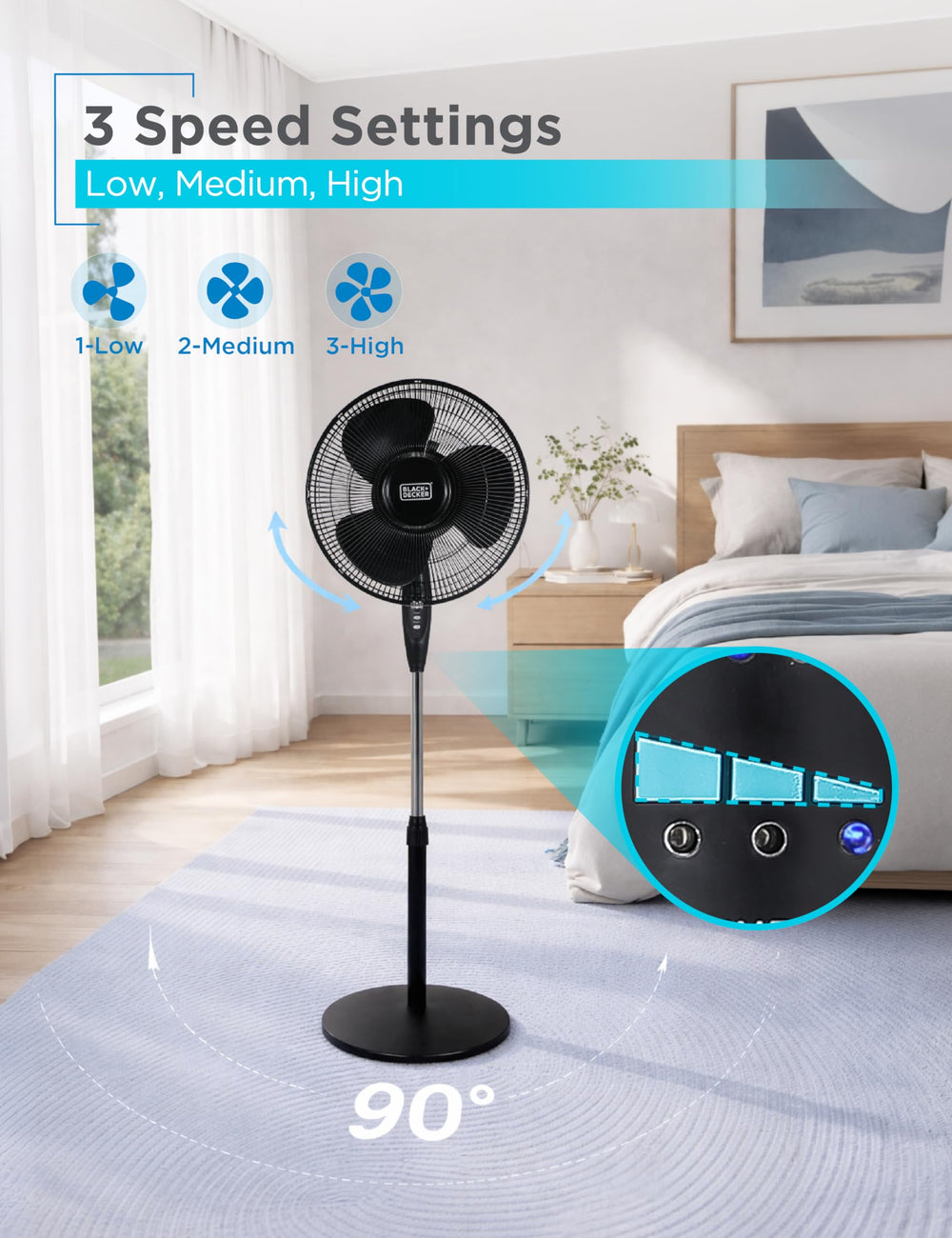 BLACK+DECKER tilt angle detail showing 30-degree aim for directional comfort