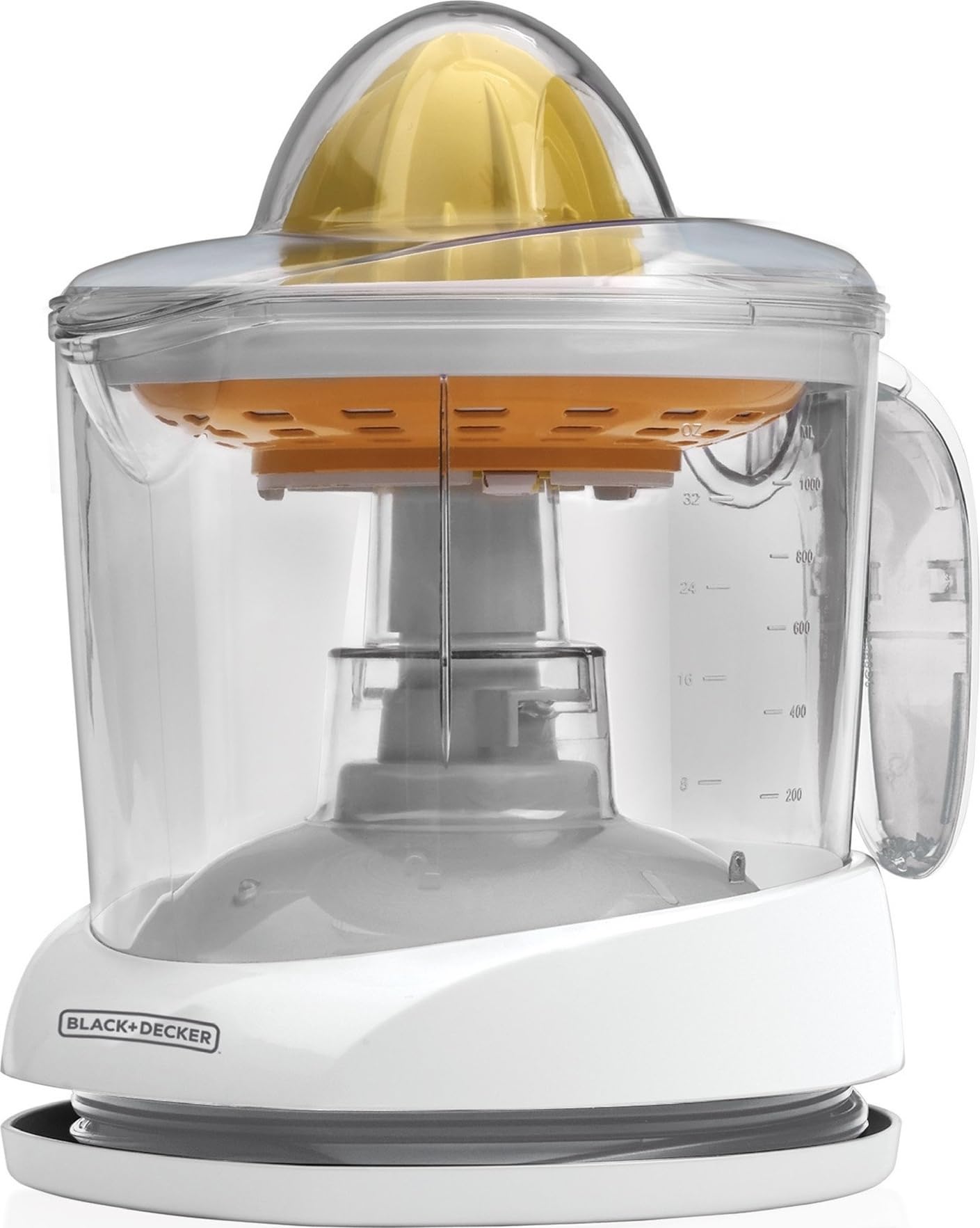 BLACK+DECKER vista frontal del exprimidor con jarra transparente, extracción eficiente