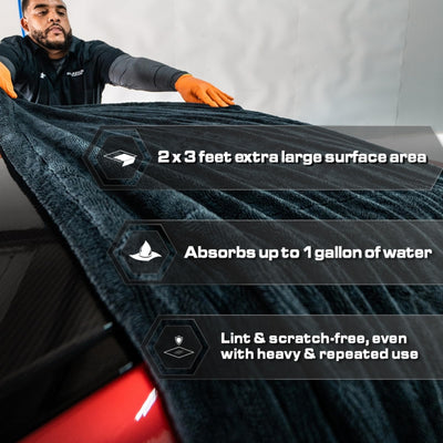 Blackline folded towel next to ruler illustrating 24x36 size