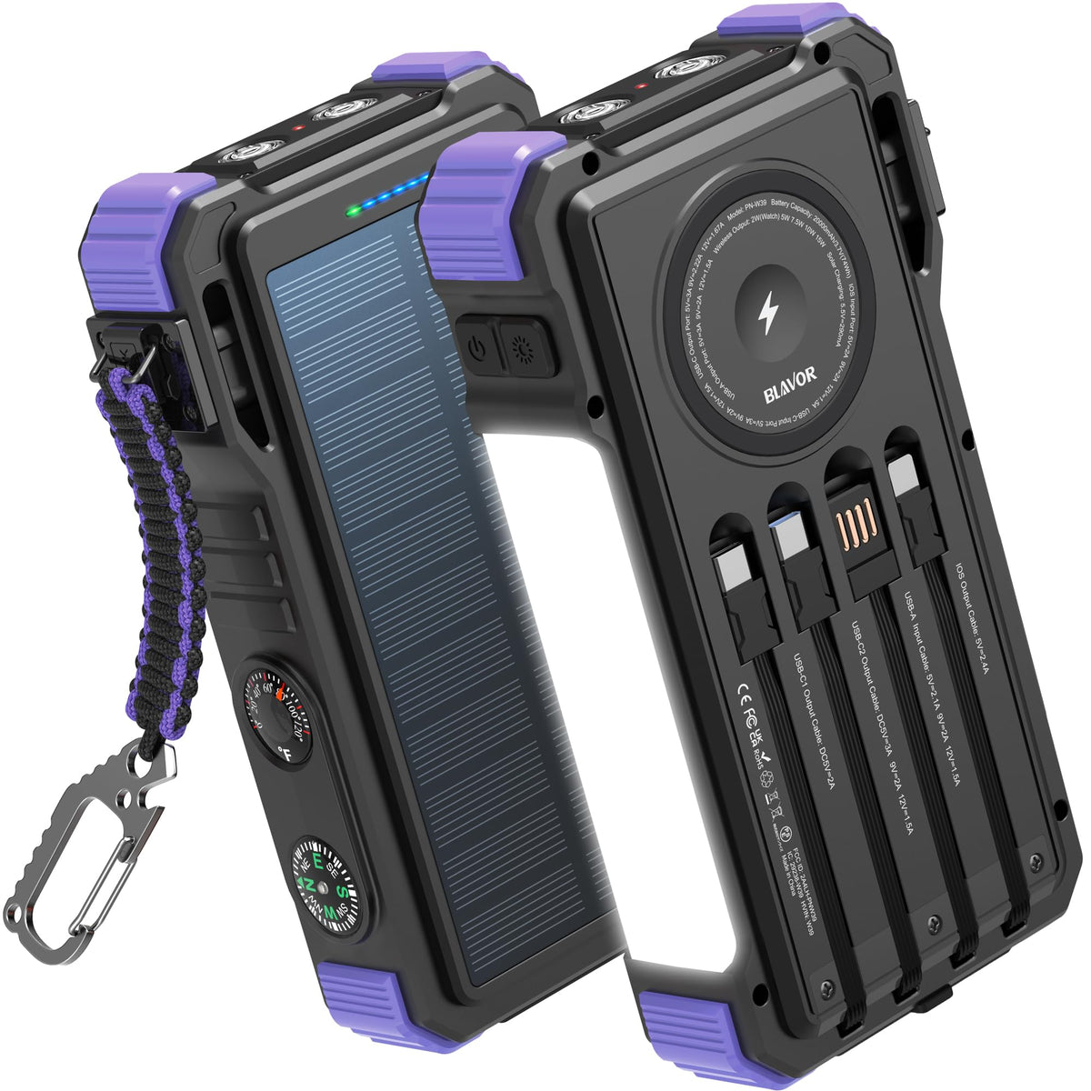 BLAVOR power bank front view showing rugged casing and solar panel, reliable backup power
