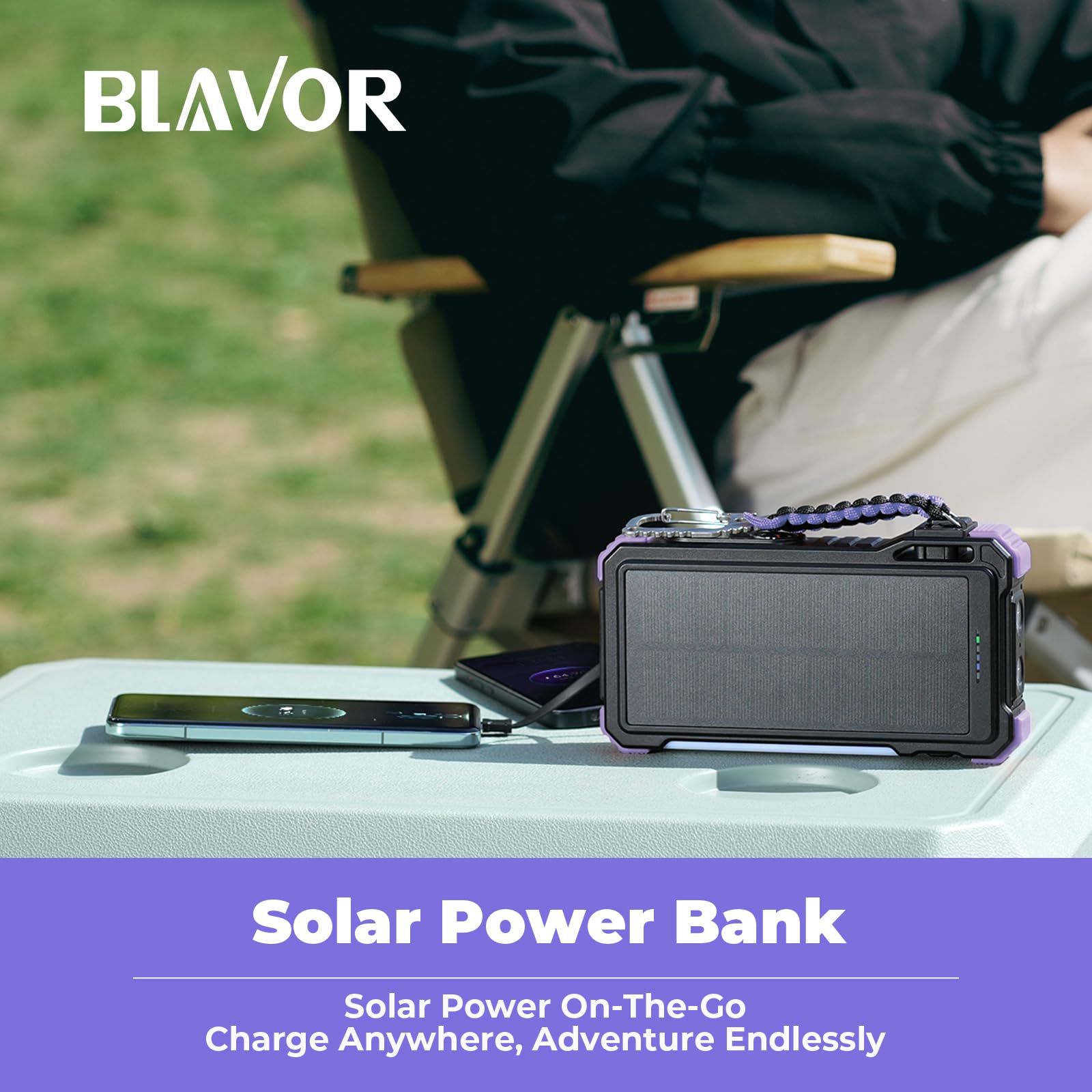 BLAVOR in a camping scene clipped with carabiner, durable charger for outdoor adventures