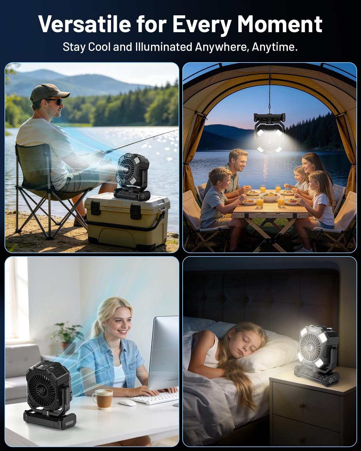 BLBS fan at night with LEDs off showing sleep mode for quiet, undisturbed rest