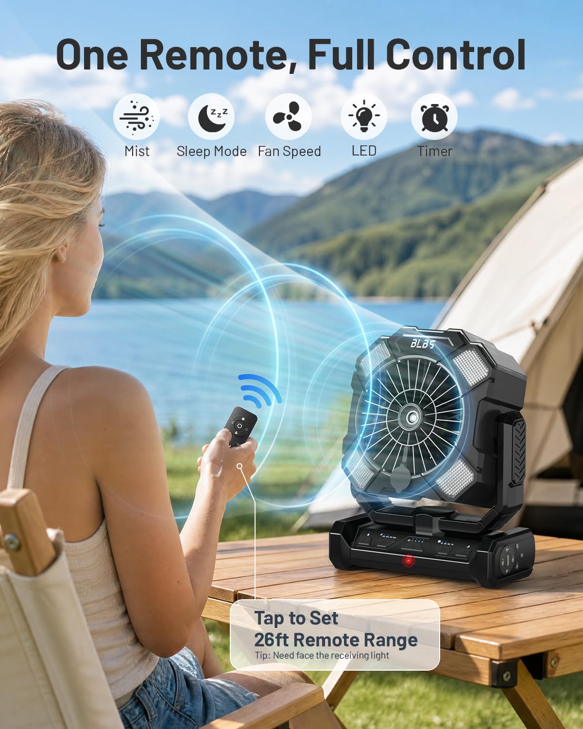 BLBS fan next to smartphone showing scale and power bank benefit for charging