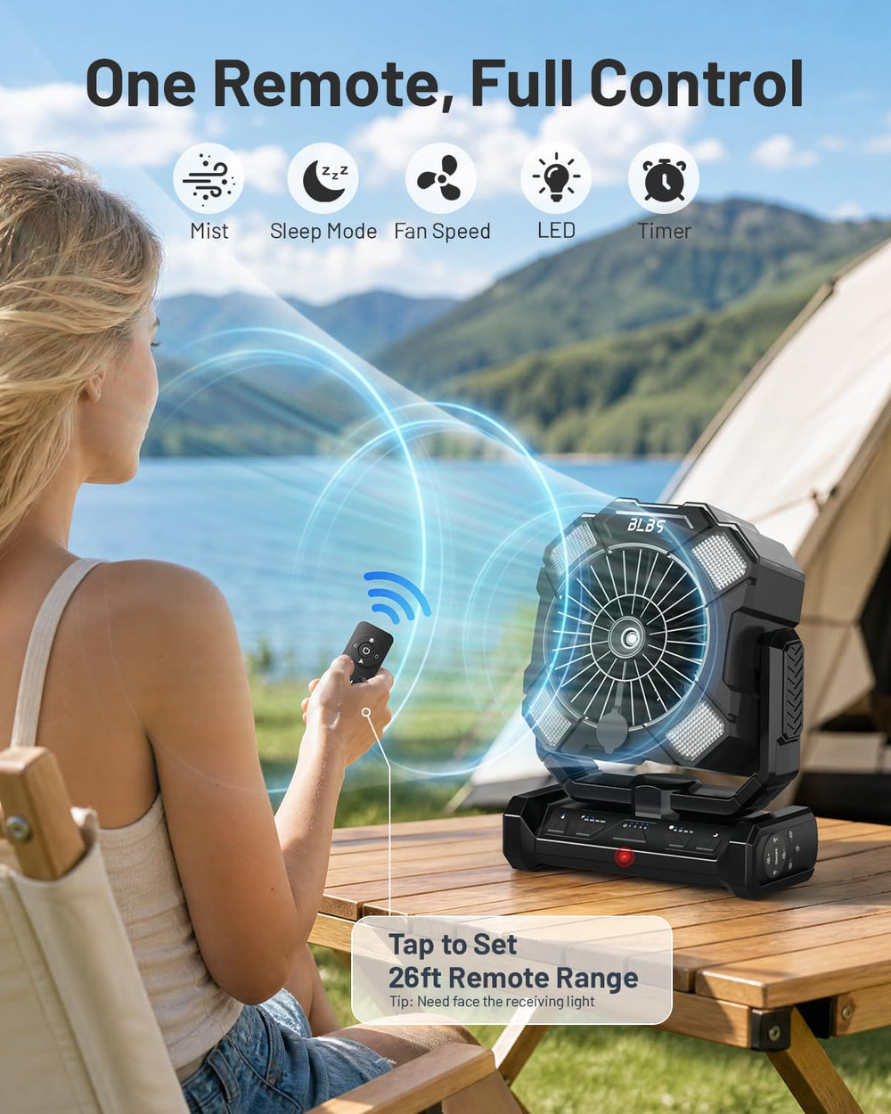 BLBS fan next to smartphone showing scale and power bank benefit for charging