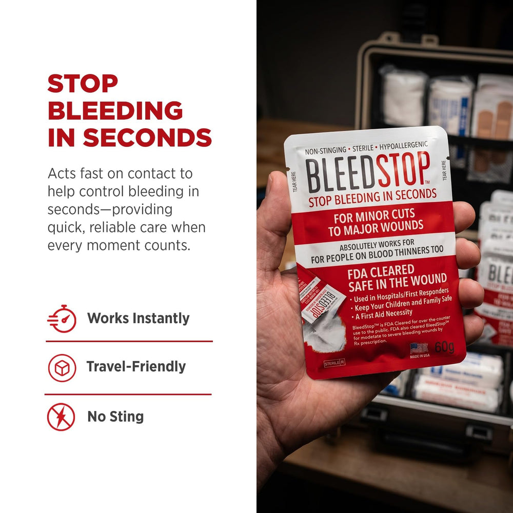 BleedStop tube in hand for scale showing compact size and portability advantage