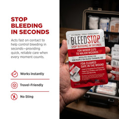 BleedStop tube in hand for scale showing compact size and portability advantage