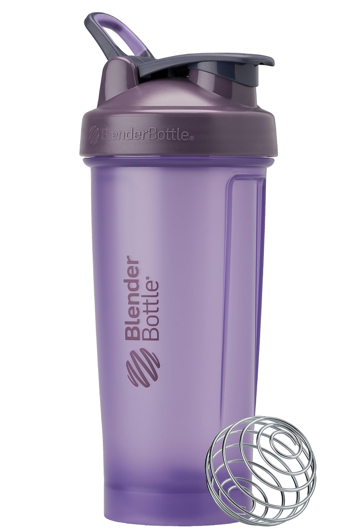 BlenderBottle vista frontal morado mostrando tapa y bucle conveniente