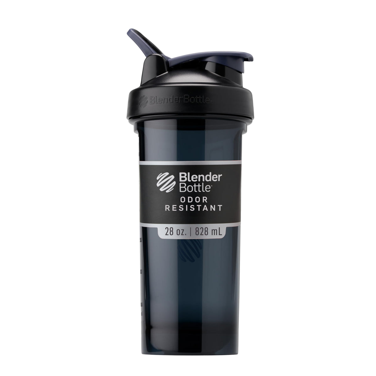 BlenderBottle ProSeries frontal negro mostrando diseño y capacidad, fácil de llevar