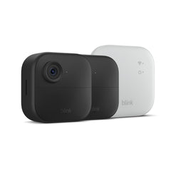 Blink front view of two Outdoor 4 XR cameras showing durable weatherproof housing and visibility benefits